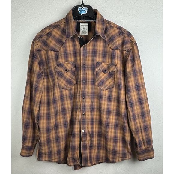 Rough Stock Panhandle XL Orange Plaid Contrast Cuff Pearl Snap Long Sleeve Shirt - Picture 2 of 8